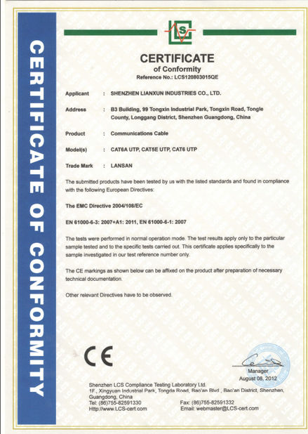चीन SHENZHEN LIANXUN INDUSTRIES CO., LTD. प्रमाणपत्र